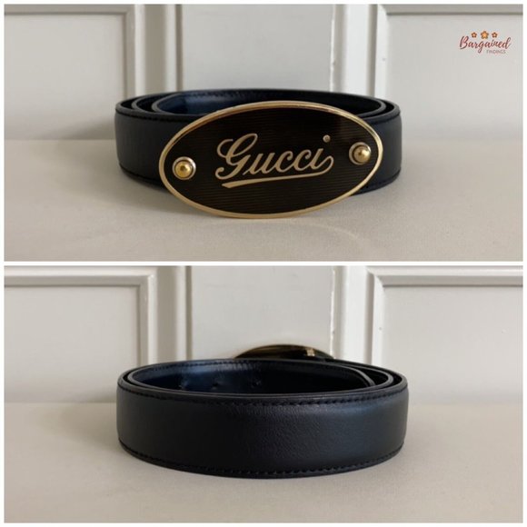 Authentic GUCCI Black Calfskin Leather Gold Signature Oval Buckle Belt 80/32 main image 9